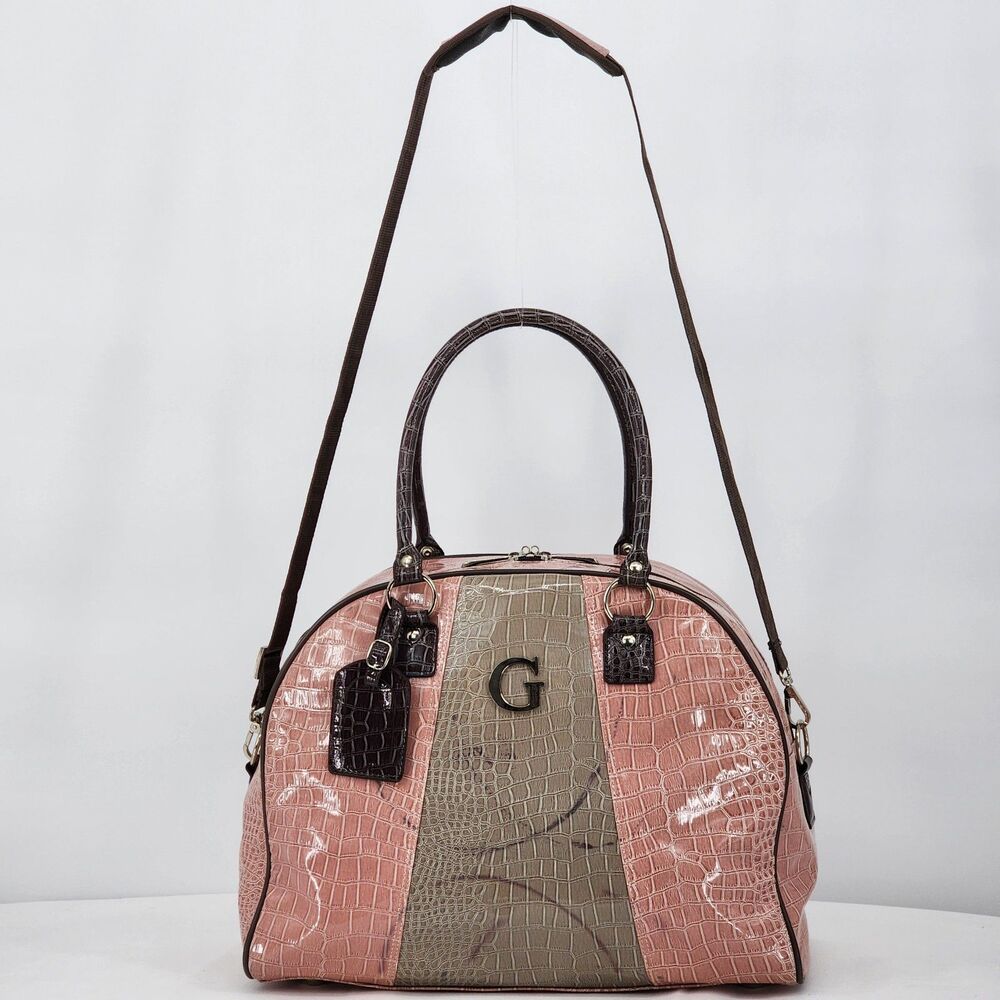 Guess Vintage Y2K Pink Brown Snakeskin Patent Weekender Duffle Bag RARE